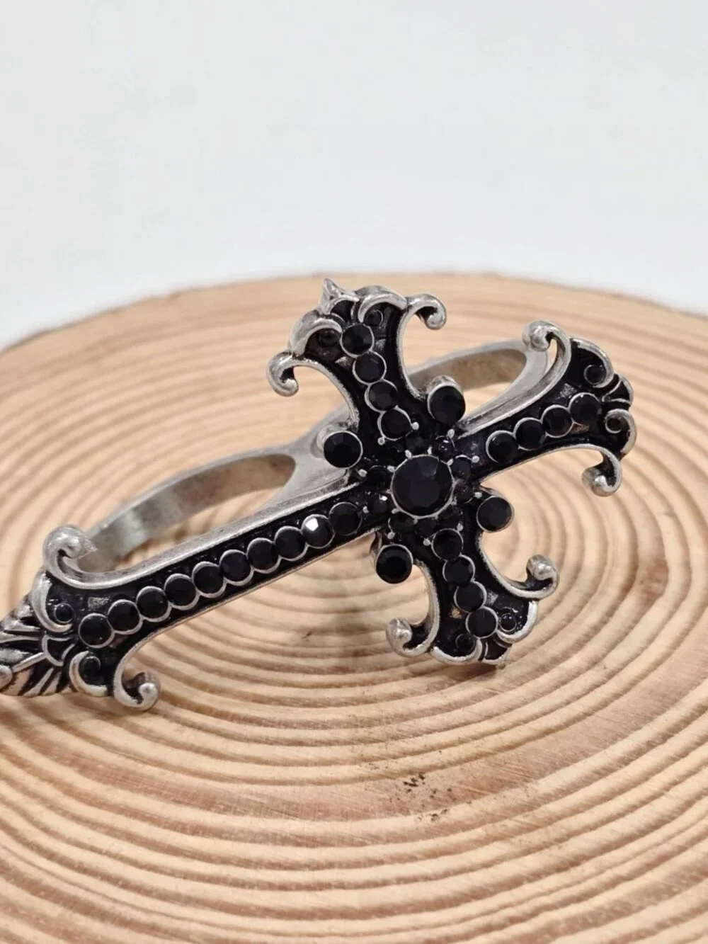 Killstar ✦ Mea Culpa Gothic Cross Ring ✦ Silver Black Crystal Double Band 9 NIP